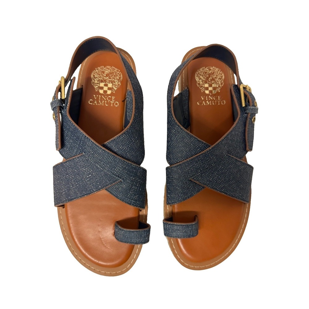 Vince Camuto Sandals 7.5 M Womens Ciela Blue Leather Linen-/Denim-Look Flat